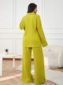 EURMUSE Camisa unicolor con botón delantero con pantalones - Verde - Ver 2