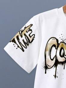 SHEIN GraphicGems 2pcs/Set Young Boy Short Sleeve T-Shirt And Shorts,Apricot Color Graffiti Face,Casual Street Style Comfortable For Summer Daily Wear - Khaki - View 5