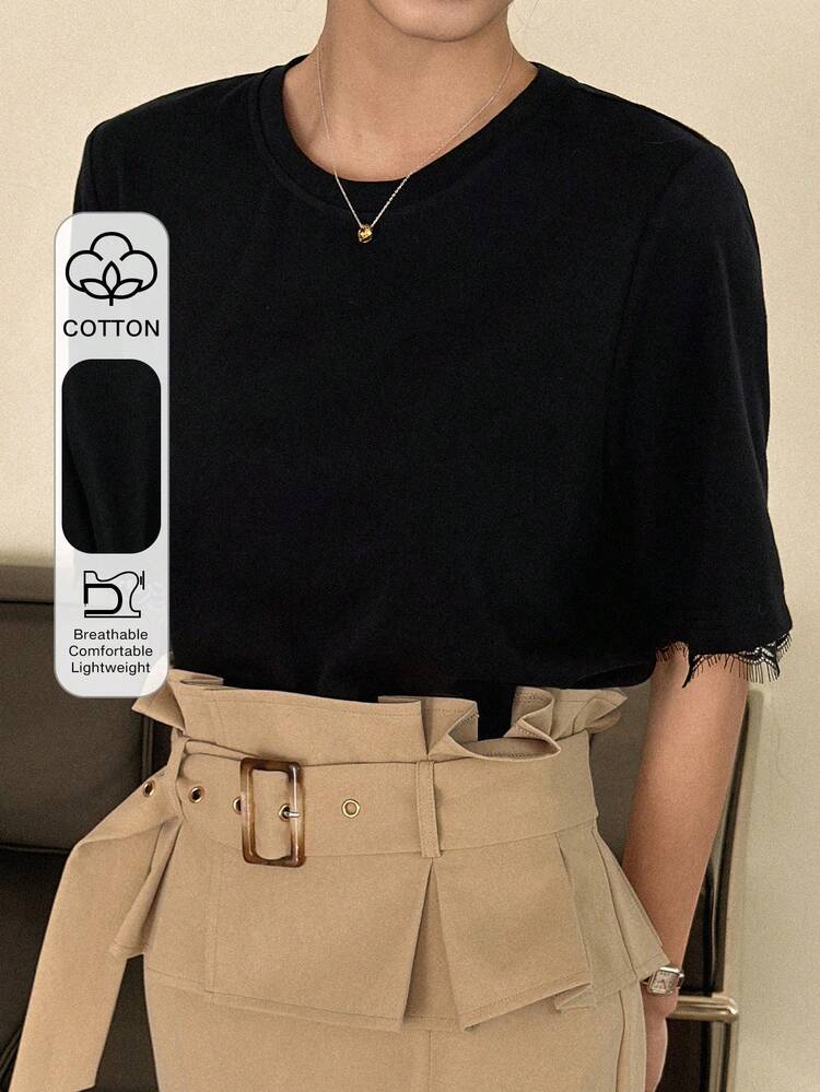 Women's Crew Neck Lace Splice Cuff Loose Pullover Casual Elegant T-Shirt