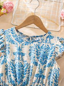 Vestido de manga corta con cintura ceñida y estampado floral retro para niña preadolescente - Celeste - Ver 3