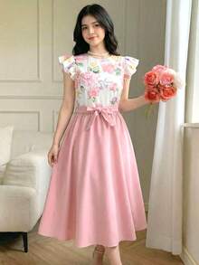 SHEIN 少女碎花印花短袖露脐上衣和A字裙两件套，优雅度假之选 - 粉色 - 查看 2