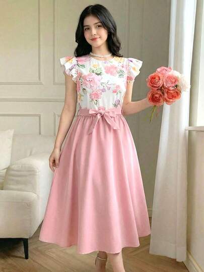 SHEIN Conjunto de 2 piezas de top corto de manga corta con estampado floral y falda evasé para adolescentes, elegante para vacaciones