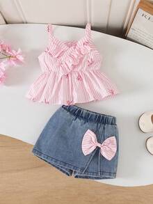 Souflis Souflis 2pcs Baby Girls Pink Striped Bow Print Ruffle V-Neck Sleeveless Top + A-Line Elastic Waist Washed Blue Denim Skirt Shorts Set, Cute & Casual Korean Style Suitable For Summer Daily Outings, Shopping, School, Travel, Photography, Picnic, Park, Amusement, Beach, Party, Etc. - Pink - View 3