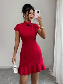 Franclia 女士优雅立领纽扣旗袍连衣裙，红色连衣裙，新年装扮 - Fiery Red - 查看 3