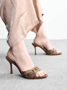 CUCCOO BIZCHIC Giày nữ mùa xuân hè mới, sandal cao gót hở mũi màu nâu có khóa kim loại, dép lê thời trang và thoải mái, đa năng, phù hợp cho công sở. - Cà phê - Xem 5