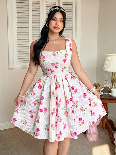 Celure Plus Size Elegant Floral Print Pleated Dress, Summer
