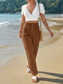 SHEIN Frenchy 100%纯棉高腰纽扣门襟褶皱裤 - 棕色 - 查看 6