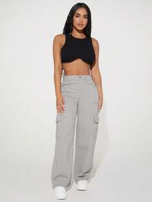 SHEIN PETITE Solid Color Loose Straight Leg Casual Fashionable Versatile Denim Pants - Light Grey - View 8