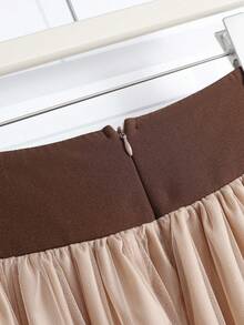 SHEIN PETITE CURVE 大码女式网纱拼接纽扣装饰优雅休闲通勤裙 - 卡其色 - 查看 6