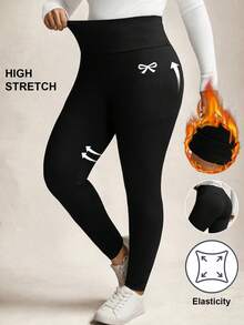 SHEIN LUNE 大码女式休闲简约蝴蝶结印花打底裤，适合春夏穿着 - 黑色 - 查看 3