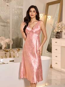 SHEIN 女士无袖V领提花仿丝绸优雅睡裙 - 藕粉色 - 查看 5