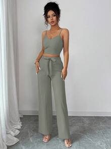 Elenzga petite 女款休閒純色高腰吊帶背心與寬腿褲套裝，休閒兩件套，優雅小碼女款 - 灰色 - 查看 3