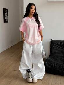 Coolane Women's Streetwear Oversized Racing Motorcycle Print Color Block Raglan Sleeve T-Shirt Spring Pink Top Women Tshirt Summer Tee Graphic - Baby Pink - View 4