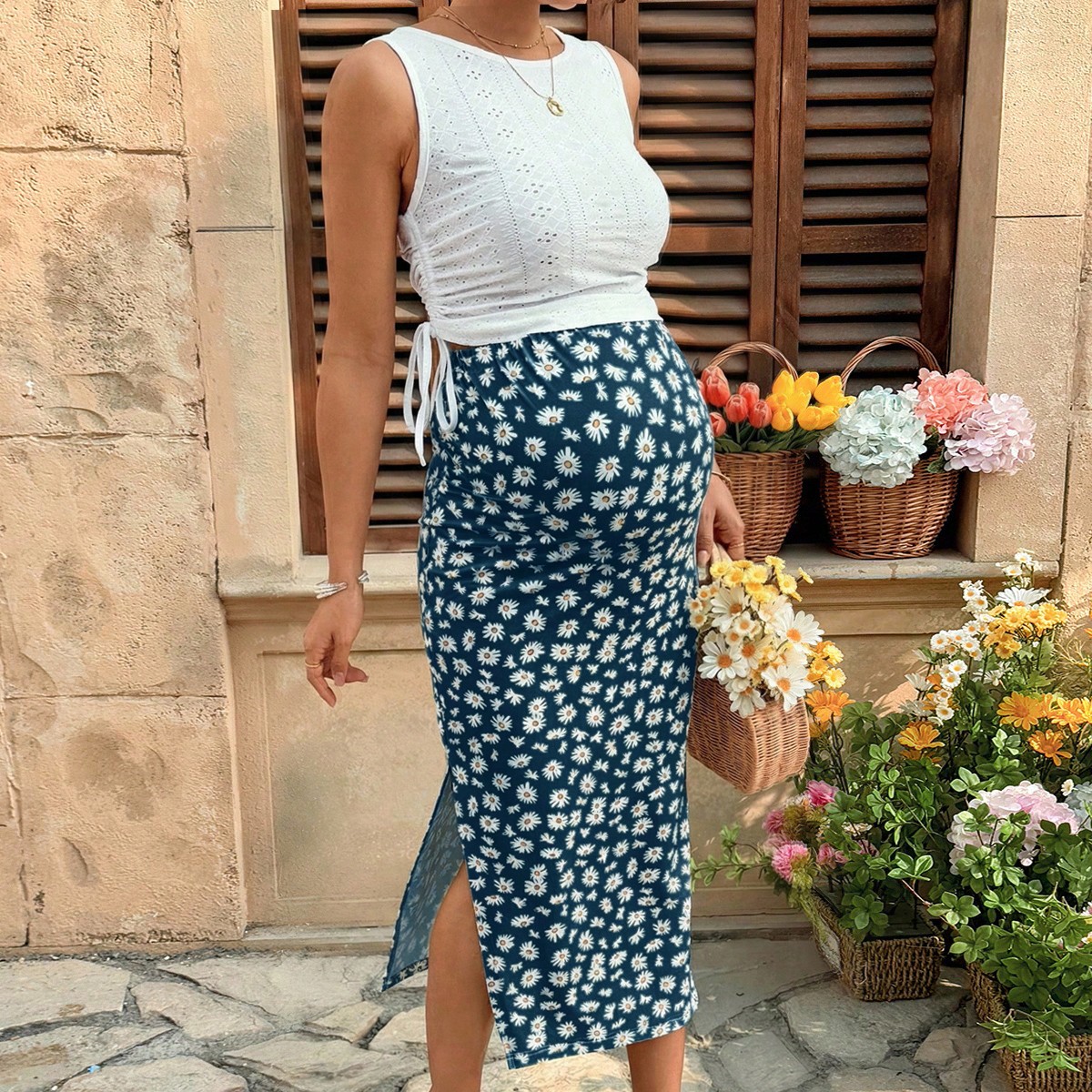 2pcs Maternity Set: Sleeveless Embroidered Casual Top & Ditsy Floral Midi Skirt