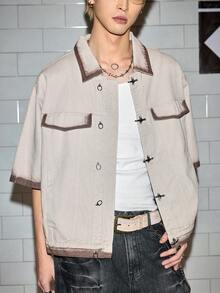 ROMWE MEN Grunge Punk Men's Spray-Dyed Brown Casual Denim Shirt With Metal Buttons - Brown - View 8