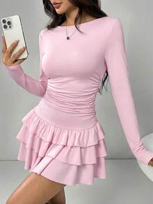 SHEIN EZwear 女士可爱浅粉色针织迷你连衣裙，休闲风格，长喇叭袖，圆领，层叠设计 - 淺粉色 - 查看 6