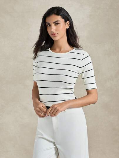 Briarwyn Blusa de punto de manga corta a rayas para uso casual y de oficina para mujeres