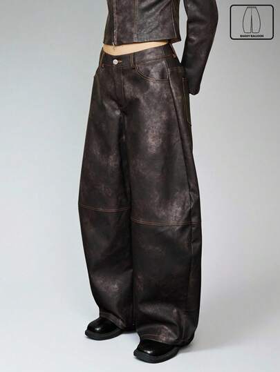 COUREZ 仿皮宽松灯笼裤，撞色缝线/Y2K风格女士冬季外出穿搭/夏季街头风宽松裤/派对装扮