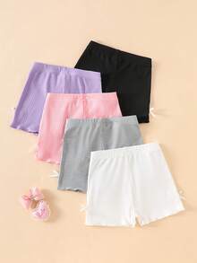 SHEIN 5pcs Girls Casual Ribbed Knit Shorts With Bow Decor, Elastic Waist, Suitable For Spring/Summer Daily Wear & Home - Multicolor - View 2