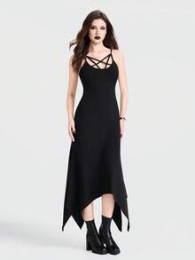 Breakform Đầm nữ phong cách Gothic gợi cảm khoét rỗng hình ngôi sao năm cánh, dây đeo có thể điều chỉnh, vạt áo bất đối xứng, ôm sát. - màu đen - Xem 1