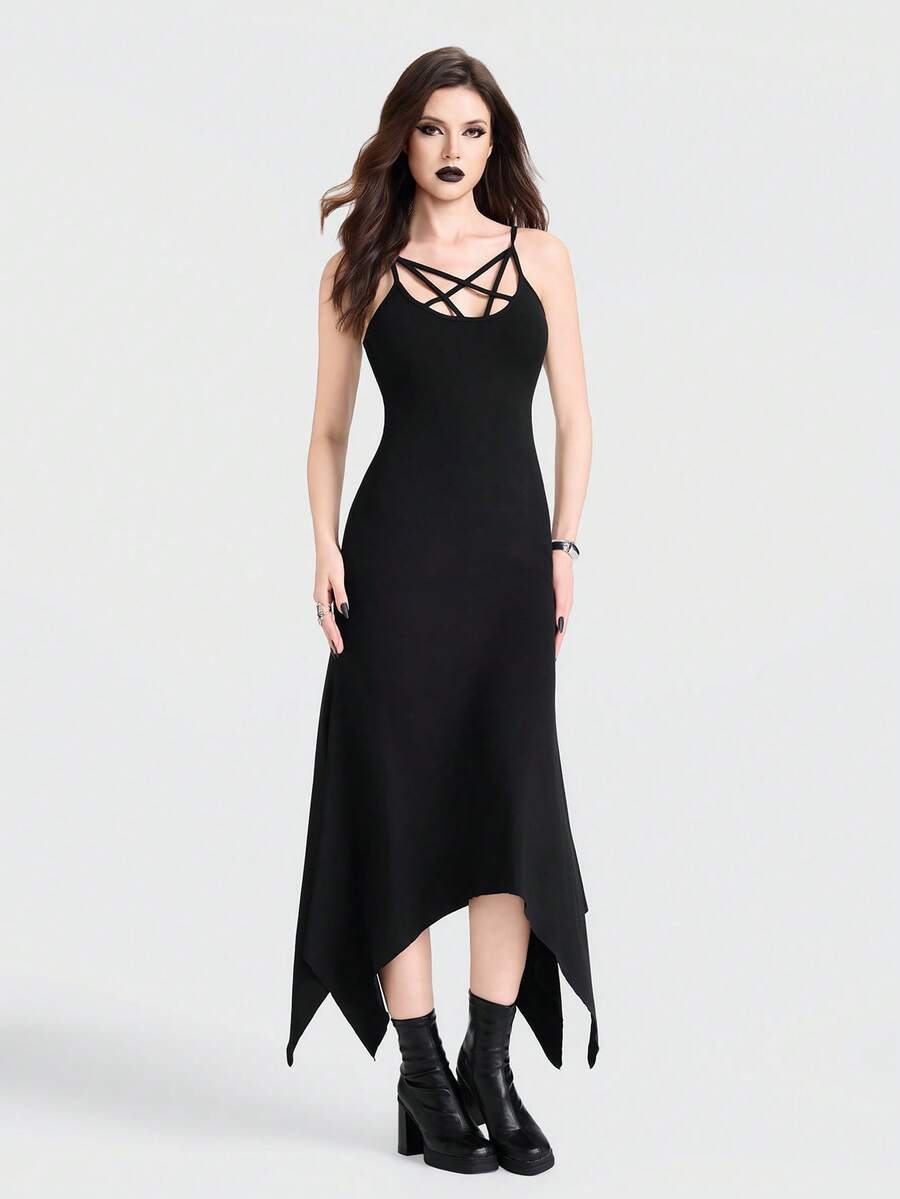 Breakform Đầm nữ phong cách Gothic gợi cảm khoét rỗng hình ngôi sao năm cánh, dây đeo có thể điều chỉnh, vạt áo bất đối xứng, ôm sát. - màu đen - Xem 1