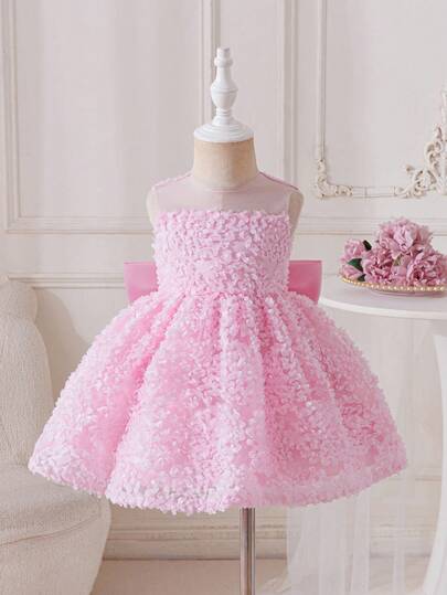 Souflis Souflis Baby Girls' Pink Floral Embroidered Mesh Satin Backless Bow Decor Party Dress, Suitable For Birthday, Wedding, Banquet, Stage Performance, Vacation Baby Girl Party Dresses Toddler Pink Dress
