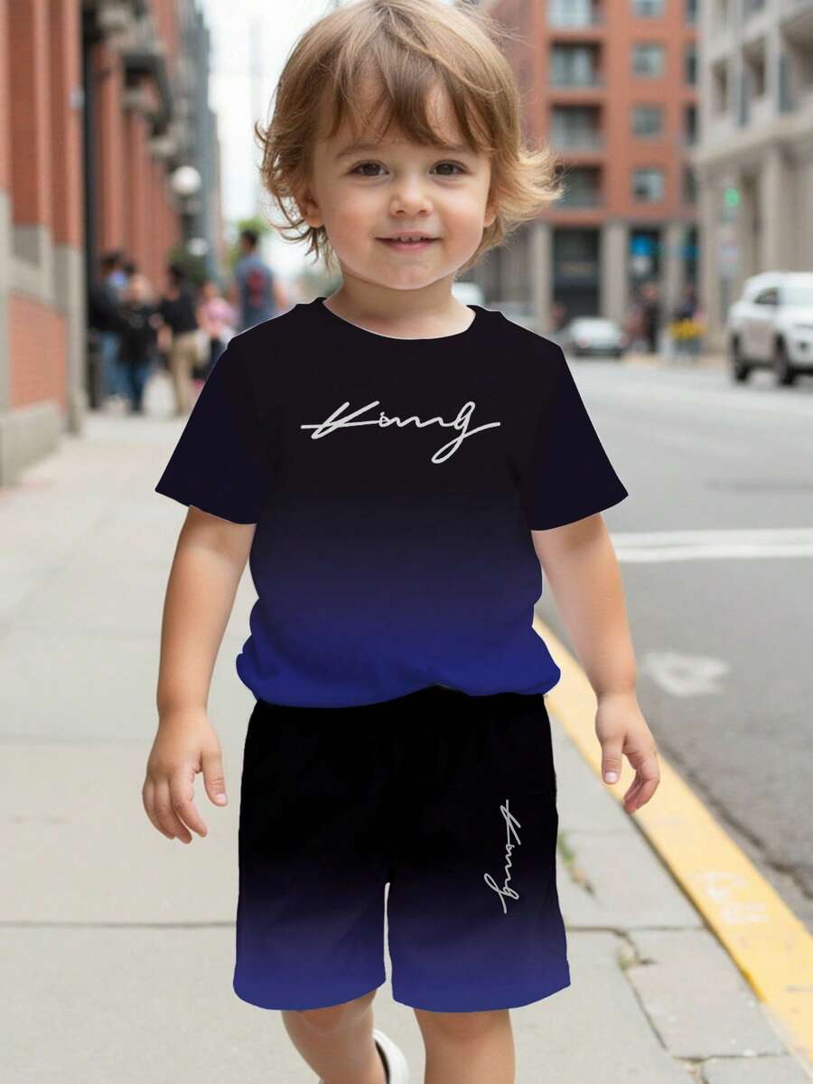 2pcs/Set Baby Boy Casual Gradient Letter Graphic Print Short Sleeve T-Shirt And Shorts Set, Comfortable Outfit For Spring, Summer And Autumn Boy Matching Short Set Short Set Baby Boy Ombre Set Baby Boy Short Set Boy Summer Outfit Set - Multicolor - View 1