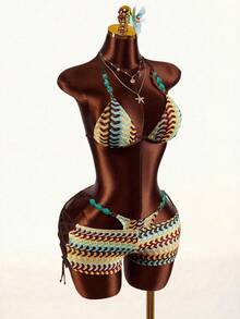 Amplova 女士波西米亚风钩针比基尼套装，绿松石色串珠肩带度假沙滩泳池派对泳衣两件套，性感三角文胸和短裤 - 彩色 - 查看 8