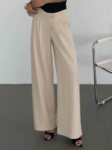 DAZY 女士高腰休闲宽松裤，带口袋 - 卡其色 - 查看 7