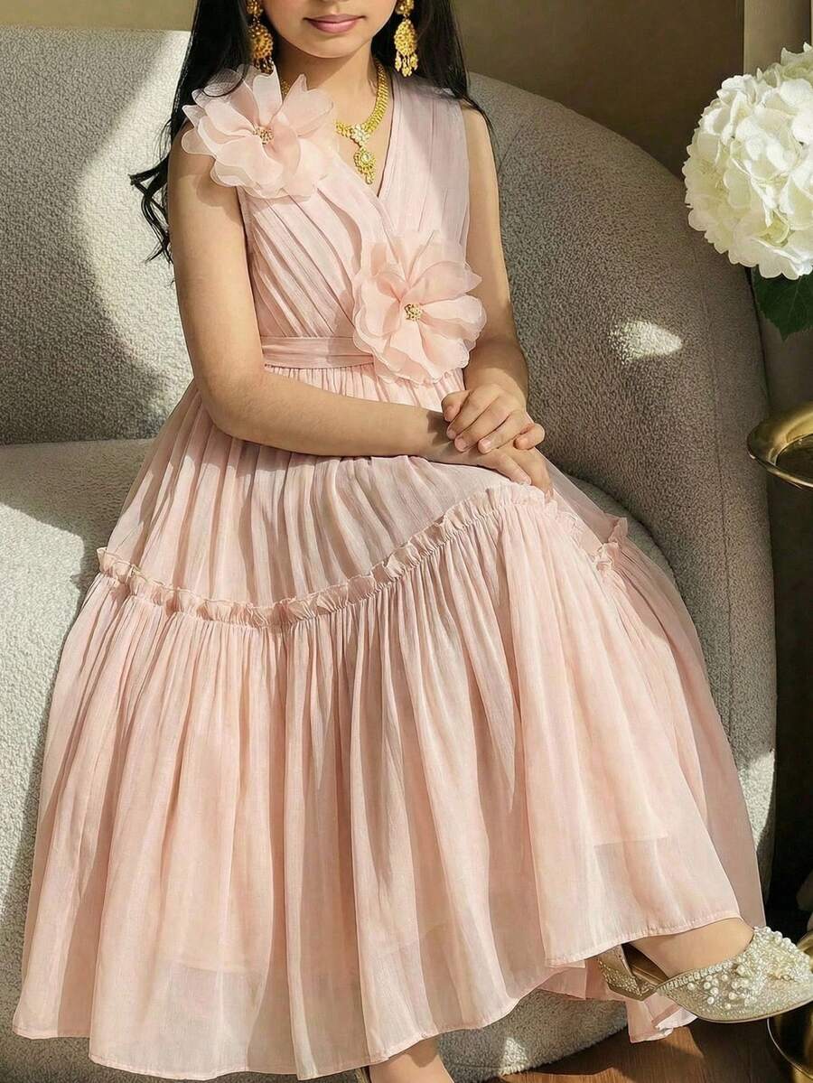 SHEIN 少女无袖碎花连衣裙,适合时尚派对、节日和聚会 - 杏色 - 查看 1