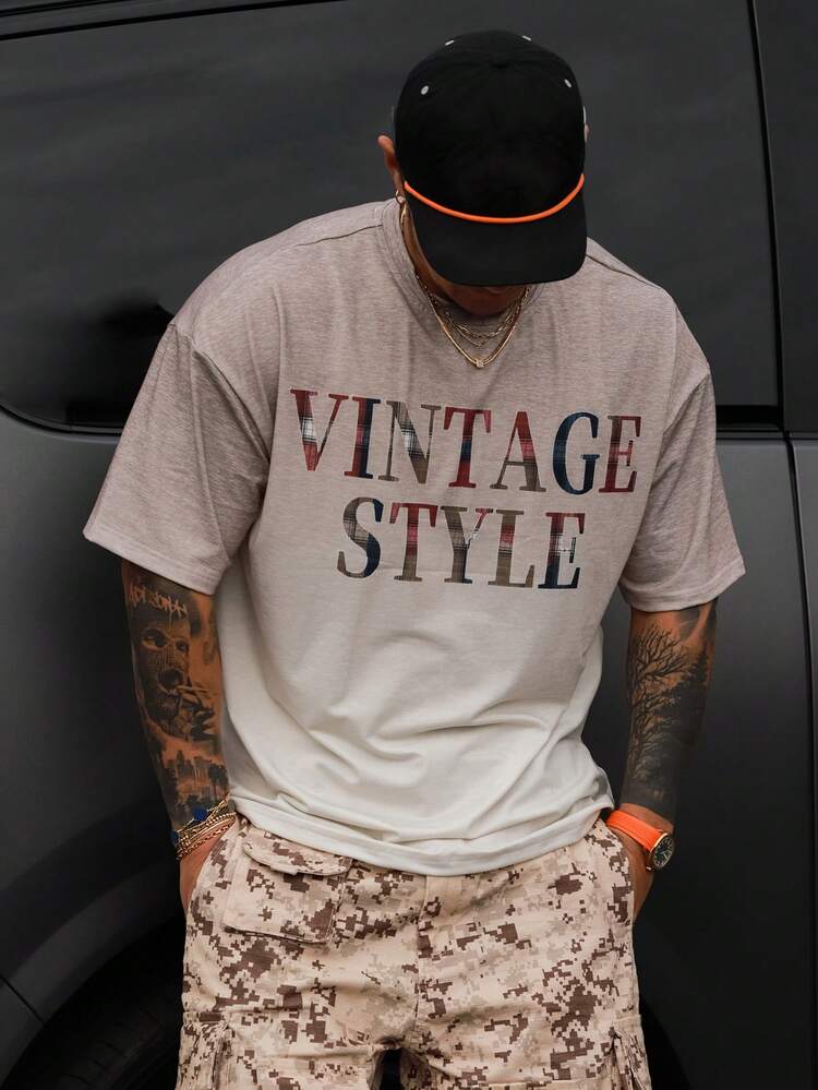 Men's Letter Print Ombre Loose T-Shirt, Summer