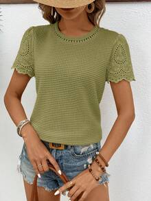 SHEIN Frenchy 女士针织提花面料拼接刺绣荷叶边袖子，透气舒适的华夫格面料夏季休闲T恤 - 綠色 - 查看 4