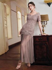 Anewsta Elegant Women's Off Shoulder Soluble Mesh Fitted A-Line Mini Ruffle Patchwork Dress - Dusty Purple - View 4