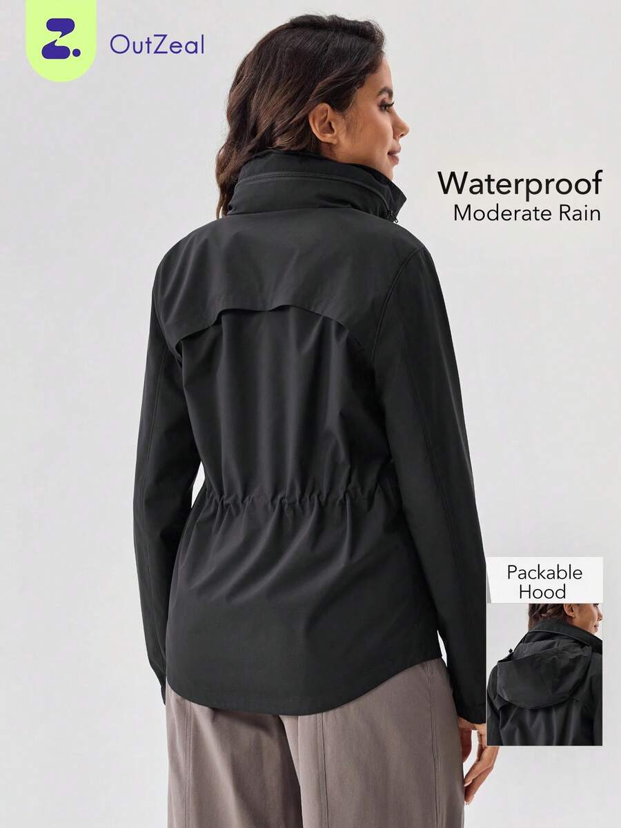 OutZeal 女士黑色冲锋衣，适合露营、徒步，防水防风，可卷起兜帽，后部网眼设计，抽绳腰带，带口袋 - 黑色 - 查看 1