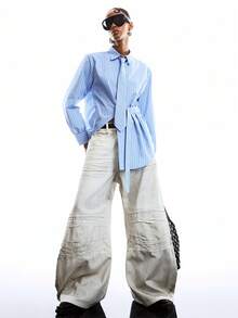 LYSMO 女士休闲不对称下摆条纹长袖衬衫，秋季 - 藍色 - 查看 4