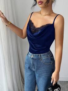 Rafferiza 女士优雅蕾丝缎面吊带背心（黑色） - 寶藍色 - 查看 3