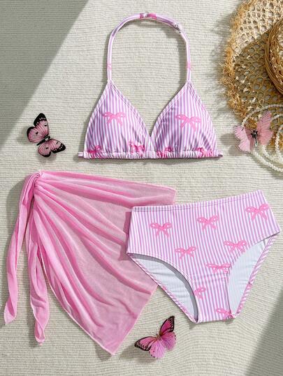 SHEIN Conjunto de bikini de 3 piezas para niñas preadolescentes, tela de punto con estampado de mariposa, diseño de halter con pañuelo triangular de unicolor, elegante y casual, adecuado para nadar, playa