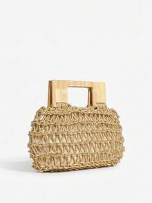 SHECARRY Ladies, Women Top Handle Bags, Fashionable, Elegant, Simple, Personalized, Versatile, Classic, Crochet, Gold, Wooden Handle, For Beach, Vacation, Holiday, Summer, Seaside - Light gold - View 2