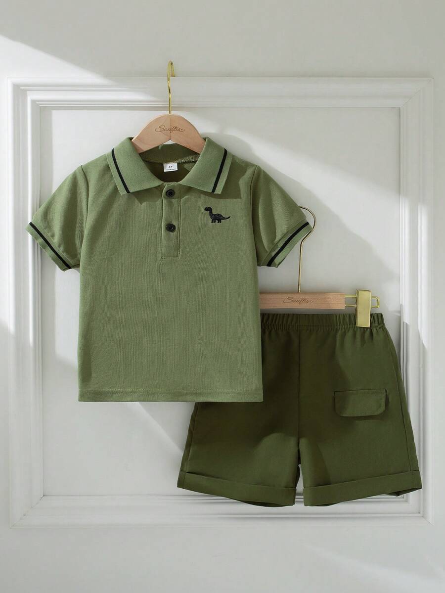2件套男童法式休闲短袖Polo衫+短裤套装，绿色，适合日常外出、聚会、玩耍等场合。 - 軍綠色 - 查看 1