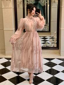 DAZY 女士V领长袖收腰纹理面料亮片装饰优雅连衣裙 - 粉色 - 查看 6