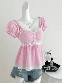 Sweetra 新款法式方领条纹泡泡袖收腰蕾丝拼接粉色衬衫，适合春夏穿着，休闲及校园风。 - 粉色 - 查看 3