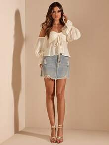SHEIN BAE Apricot Off-Shoulder Ruffle Sleeve Twist Knot Blouse, Elegant Romantic Ruffle Blouse For Summer, Women Apricot Summer Top - Apricot - View 3