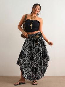 Freevana Plus Solid Curved Hem Tie Front Summer Skirt - Black - View 7