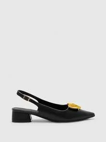 CUCCOO BIZCHIC Sapato feminino preto de bico fino com detalhes plissados em metal, salto baixo, versátil para o dia a dia e para o escritório, design elegante sem calcanhar. - Preto - Ver 7