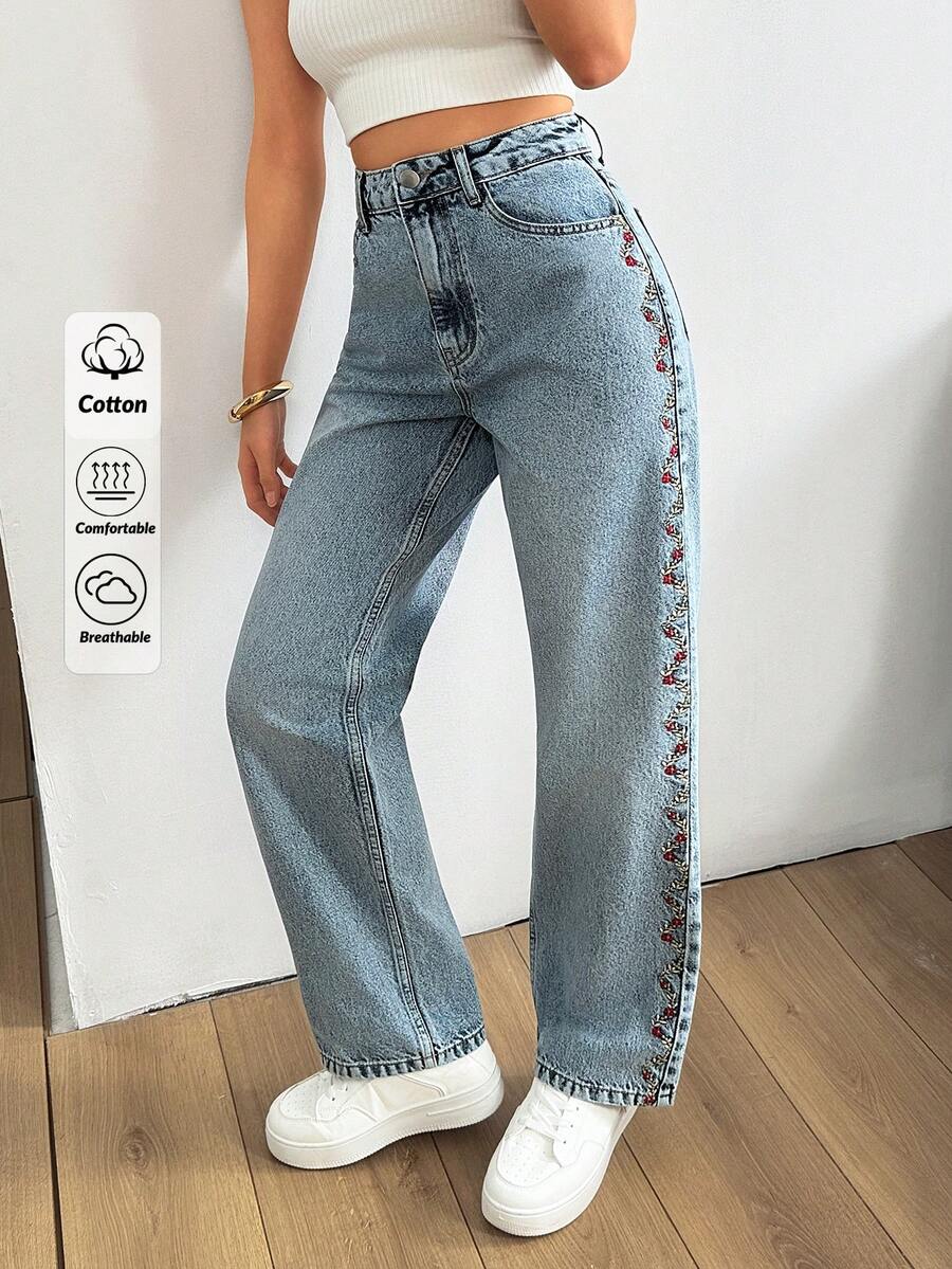 SHEIN 100%纯棉女士牛仔裤，带刺绣细节55501025120900913 - 中等水洗藍 - 查看 1