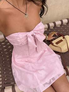 Sunnyshic 女士雪纺提花裹身露背连衣裙，度假款 - 粉色 - 查看 7