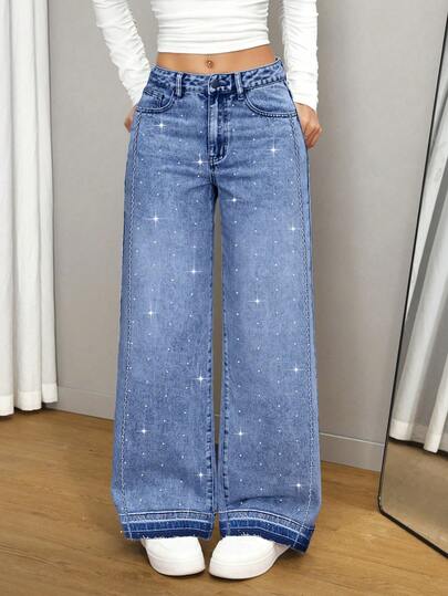 Vaqueros pantalón de brillos anchos ropa casual femenina lavada con agua minimalista cintura alta pantalones vaqueros de piernas anchas