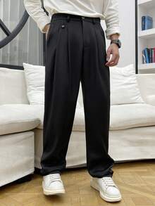 Calvornis Men Plus Size Casual Everyday Workwear Pleated Slant Pocket Solid Color Suit Pants, Formal, Ceremony - Black - View 5