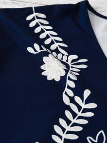 EMERY ROSE Women's Plus Size Navy Blue Summer Boho V-Neck Pearl Button Embroidered Floral Print Loose Raglan Short Sleeve Blouse Top,Vacation Holiday Commuter - Navy Blue - View 3