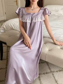 DAZY Elegant Satin Ruffle Lace Patchwork Women's Nightgown - Purple - View 3
